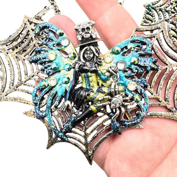 Kirks Folly Womens Necklace Avalon Steampunk Spiderella Web Silver Statement - Picture 1 of 4